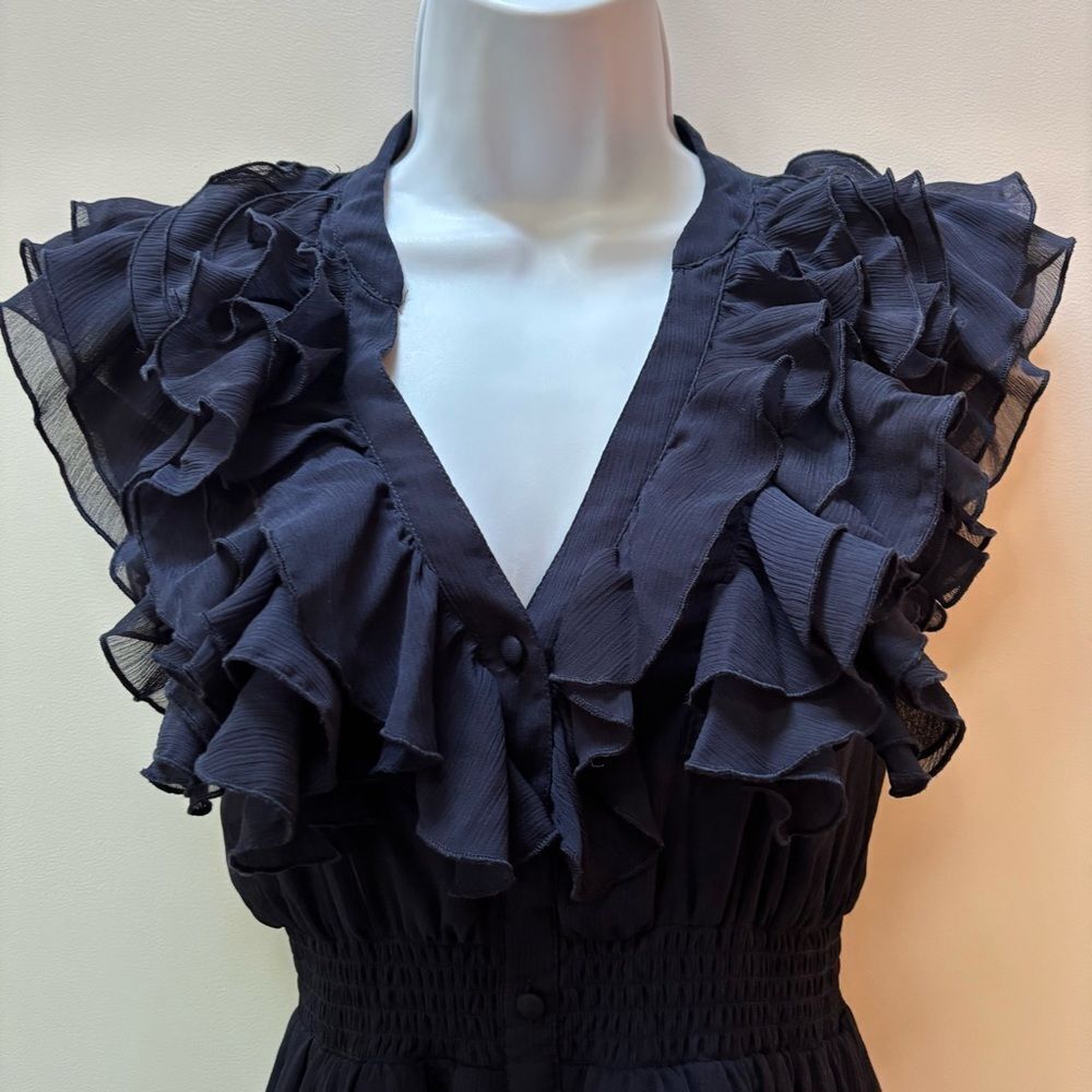 H&M navy Ruffle Front Button-Down Dress – Size 4 - Picture 4 of 5